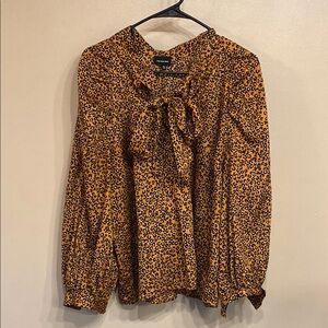 Who What Wear Leopard Print Blouse with Neck Tie | Size XL